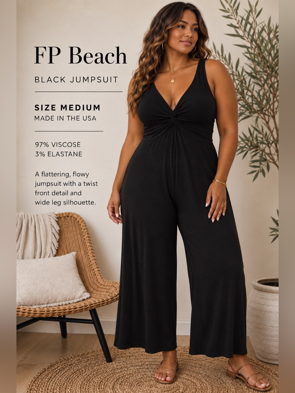 Free People Beach Black Twist-Front Wide Leg Jumpsuit Sz Medium Flowy Minimalist